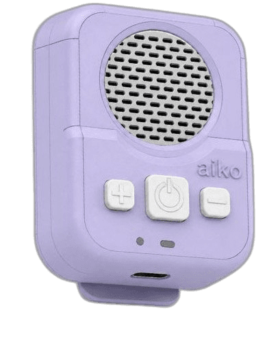 The lavender Aiko wearable translation device with speaker grille and three buttons.